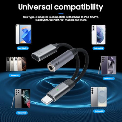 1-to-2 USB-C to 3.5mm headphone/USB-C PD100W charger adapter. (Gray) - color: Grey