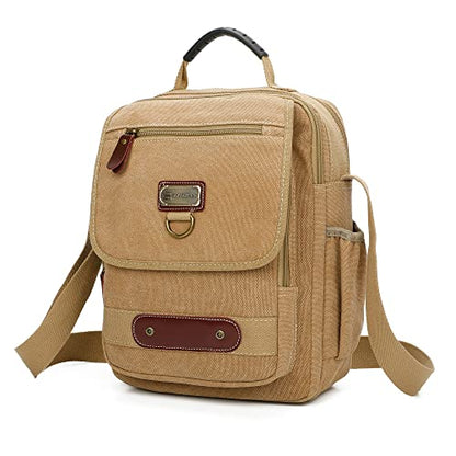 Man Small Canvas Messenger Bag Man Purse Shoulder Bag Crossbody Bag With Water Bottle Pocket 12 Inch - color: Khaki