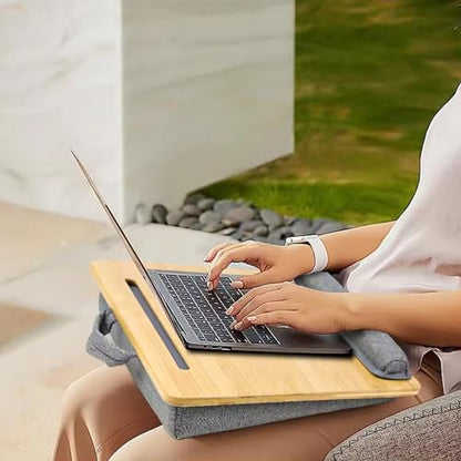 Bamboo Lap Desk for Laptop with Cushion Tablet Phone Holder Handle | Laptop Stand with Anti-Slip Strip Fits up to 15.6 inch Portable Computer Lap Desk for Couch, Bed & Car - size: 16.5"x13.4" Fixed