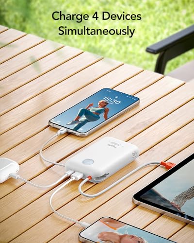 VIYISI Portable Charger 20000mAh 30W Fast Charging, White Aesthetic Power Bank with Built-in USB C & Lighting Cables, Compact Battery Pack Compatible with iPhone 17 16 15 Pro Max, iPad, Travel - color: White