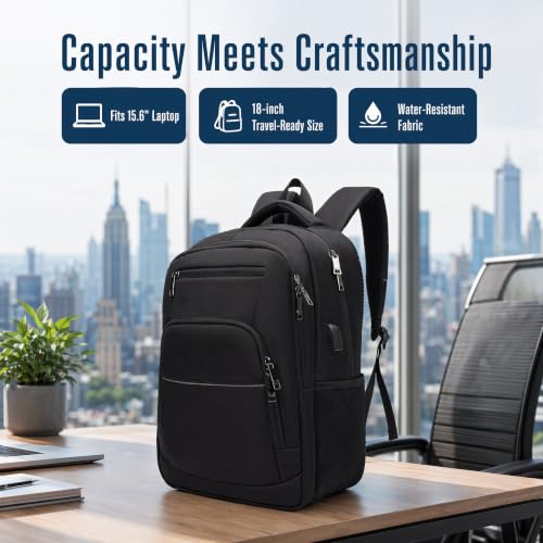 Laptop Backpack for Business Travel and Flight Water Resistant with USB Charging Port Lightweight Durable Large bag for Men and Women Fits 15.6 Inch Laptop Black