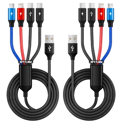 4 in 1 Multi Charging Cable, Charging Cords for Multiple Devices 2Pack 6FT | USB Cable with Dual Type-C/IP/Micro, Universal Travel Phone Charger Cord for iPhone17-8, Android Pad, More, Car Accessories - color: Black&Red&Blue, size: 2Pack 6FT