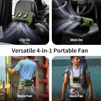 Socool Portable Car Fan - 14500mAh Rechargeable Battery Opearated, Clip on Car Seat Headrest 360 Rotatable, 5-Speed Backseat Fans for Baby Rear Facing Cooling with Dual Air Outlets for SUV RV Truck - color: Green