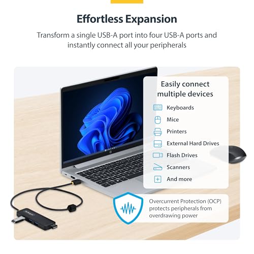 StarTech 4-Port USB-A Hub 5Gbps with 2ft/61cm Cable, Dell (H5A4A-USB-HUB-2) | SuperSpeed 5Gbps, 4 USB-A adapter, USB Powered portable, Plug-and-play, MacBook, Chromebook, PC, Peripheral devices - size: 2 ft, style: USB-A
