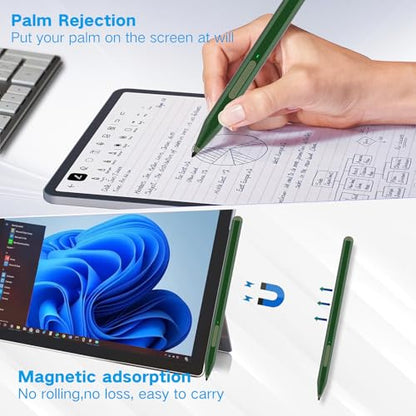 Stylus Pen for Microsoft Surface Pro12/11/10/9/8/X/7+/6/5/4/3, Surface Go 4/3/2/1, Surface Laptop1-5/Studio/Book 3/2/1 with Eraser Side Button,Palm Rejection,Tilt Function,1024 Pressure - color: Green