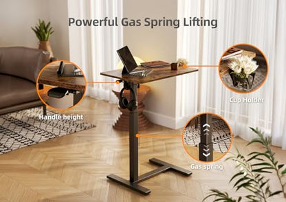 Claiks Mobile Standing Desk with Cup Holder Overbed Table 25.5" Brown | Cup Holder, Rolling Adjustable Desk, Hidden Wheels, Gas Spring Lift, Side Hook, Easy Assembly, Hospital Use - color: Rustic Brown