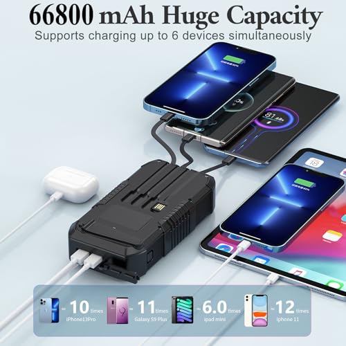 Solar Power Bank 66800mAh Built in Hand Crank and 4 Cables 22.5W Fast Charge, Camping Essentials with SOS/Strobe/Strong Flashlights, Compass Portable Charger (Black) - color: Black
