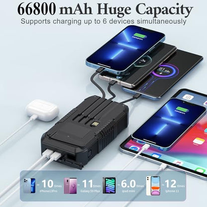 Solar Power Bank 66800mAh Built in Hand Crank and 4 Cables 22.5W Fast Charge, Camping Essentials with SOS/Strobe/Strong Flashlights, Compass Portable Charger (Black) - color: Black