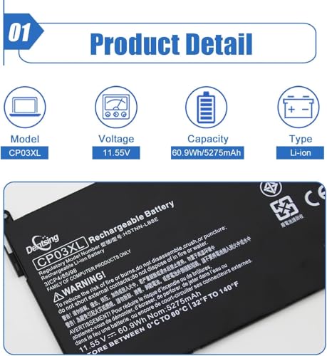 CP03XL Laptop Battery for HP Spectre x360 13 Convertible PC 13-ae000 | 11.55V 60.9Wh 5275mAh, Compatible with Spectre x360 13-ae013dx 13-ae015dx 13-ae052nr Series, HSTNN-LB8E 929066-421 929072-855 - size: 10.28*1.41*0.28 inch CP03XL