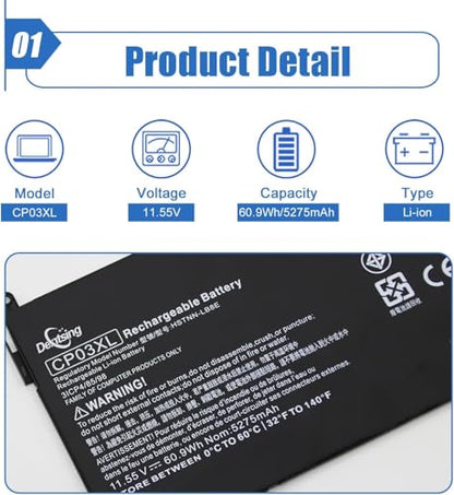 CP03XL Laptop Battery for HP Spectre x360 13 Convertible PC 13-ae000 | 11.55V 60.9Wh 5275mAh, Compatible with Spectre x360 13-ae013dx 13-ae015dx 13-ae052nr Series, HSTNN-LB8E 929066-421 929072-855 - size: 10.28*1.41*0.28 inch CP03XL