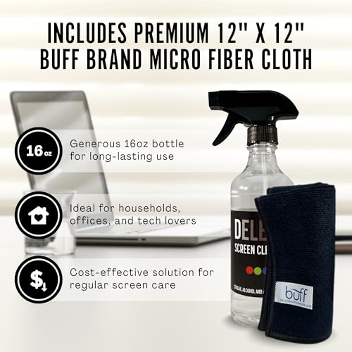 Delete Screen Cleaner Spray Kit 16oz & 2oz Bottle, 12"x12" Microfiber Cloth | Streak-Free, Safe and Gentle Cleaning Formula, Multi-Purpose for TVs, Computers, Monitors, Smart Phones, Made in USA - style: 2 Pack, 16oz and 2oz