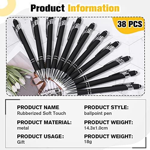 Zonon 38 Pieces Rubberized Ballpoint Pen with Stylus Tip Stylish Metal Pen Capacitive Styli with Soft Rubberized Grip, Black Ink for Most Devices(Black) - color: Black