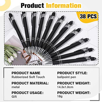 Zonon 38 Pieces Rubberized Ballpoint Pen with Stylus Tip Stylish Metal Pen Capacitive Styli with Soft Rubberized Grip, Black Ink for Most Devices(Black) - color: Black