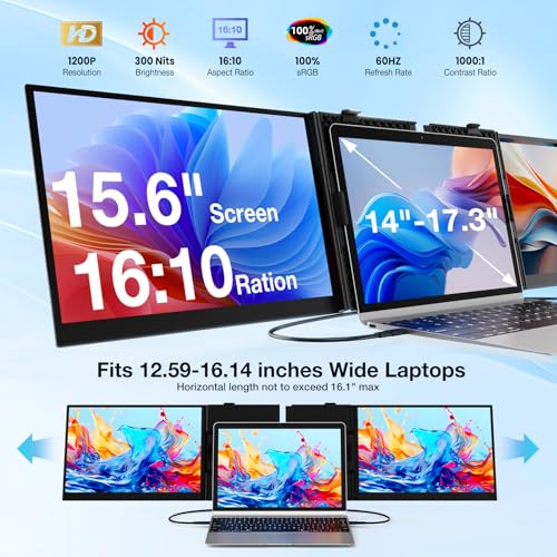 Laptop Screen Extender, Ultra-Thin 15.6" FHD 1200P 16:10 Portable Monitor for Laptop, Lightweight Travel Monitor Extender Plug & Play for 14.2"-17.3" Laptops, Compatible with Wins/Mac/Android/Chrome - size: 15.3"-T