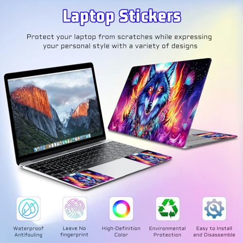 Universal Laptop Skin Sticker Decal, Compatible with MacBook HP Dell Lenovo 12"-15.6", Reusable Vinyl Notebook Cover 3PCS Set, High-Recognition Film-Blue Wolf Full Moon - color: Blue Wolf Full Moon
