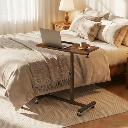 MAHANCRIS Overbed Table with Wheels, Height Adjustable Overbed Bedside Table, Tilting Desktop Mobile Standing Desk, C-Shaped Side Table for Livingroom or Bedroom, Rustic Brown and Black ETHR6801