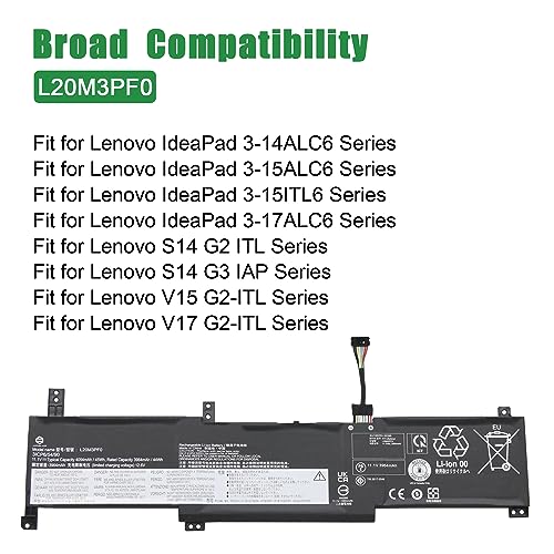 L20M3PF0 5B11B36279 SB11B36274 Laptop Battery Replacement for Lenovo IdeaPad 3-14ALC6 3-15ALC6 V15 G2-ITL V17 G2-ITL Series L20L3PF0 5B11B36283 L20C3PF0 5B11B36275 SB11B36277 11.1V 45Wh
