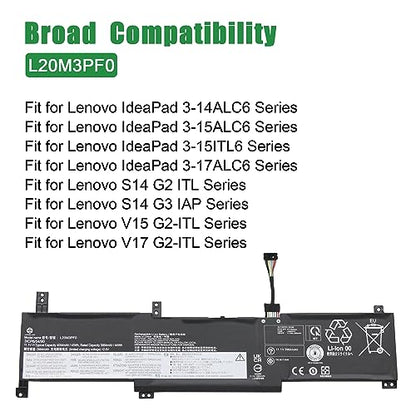 L20M3PF0 5B11B36279 SB11B36274 Laptop Battery Replacement for Lenovo IdeaPad 3-14ALC6 3-15ALC6 V15 G2-ITL V17 G2-ITL Series L20L3PF0 5B11B36283 L20C3PF0 5B11B36275 SB11B36277 11.1V 45Wh