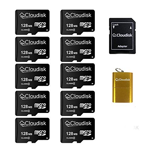 Pack of 10 Micro SD Card 128MB Small Capacity (Not 128GB) Memory Card C4 with Adapter, Card Reader (128MB=0.128GB) - size: 128MB