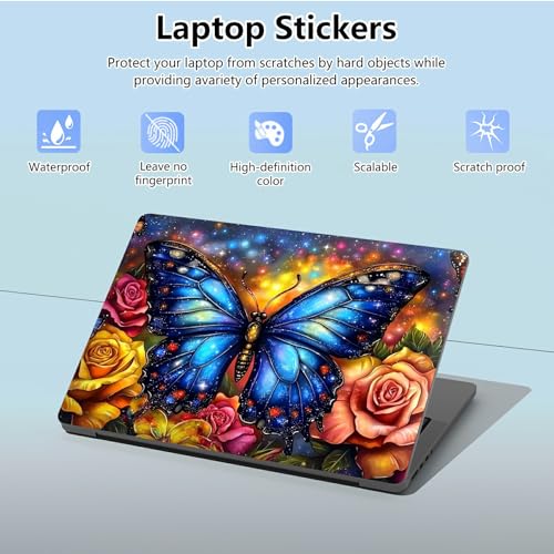 Universal Laptop Skin Sticker with 2 Wrist Pad Skins, Waterproof Scratch Resistant Vinyl Laptop Cover Decal, Cut to Fit for 11–15.6 Inch MacBook HP Dell Lenovo, Rose Blue Butterfly - color: Rose Blue Butterfly