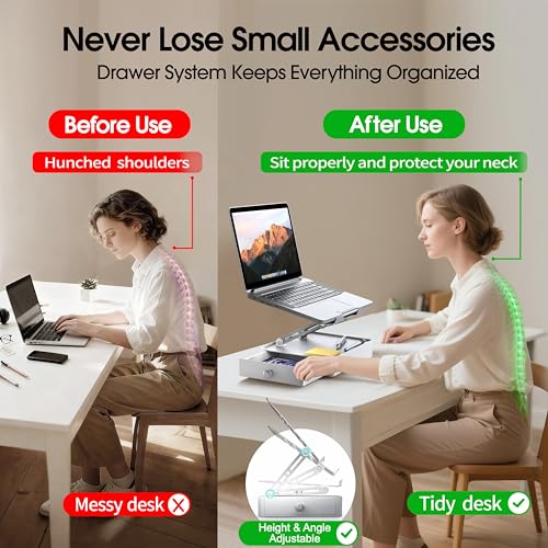 Laptop Stand with Storage Drawer, Heavy-Duty Metal Laptop Riser for Desk, Ergonomic Height & Angle Adjustment for 10–16.2″ Laptops, Silver - color: Silver