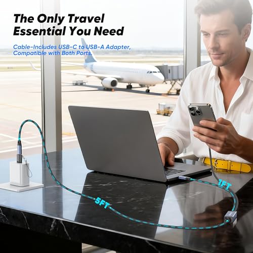6.6FT 2-in-1 USB C to Dual USB C Cable, 140W Braided USBC Splitter Charging Cord for iPhone 17/17 Pro Max/16 Series,MacBook Air/Pro,and More, USB-A Adapter Included - size: 6.6FT