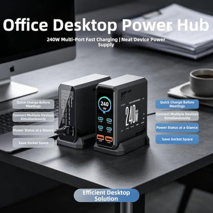 240W GaN 6-Port USB-C Charging Station, PD3.1 Desktop Display | 240W 6-Port GaN charger with PD 3.1 140W, real-time power display, and UL certification for safe multi-device charging