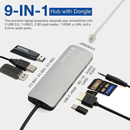 Verbatim 9-in-1 USB C Hub Adapter - 100W Power Delivery, USB 3.0, SD Card Readers, Gigabit LAN, 3.5mm Port for USB C Laptops - color: 9 in 1 Hub