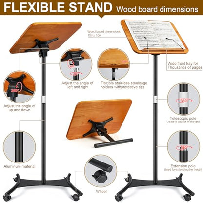 2 in 1 Dual-use Music Stand & Desktop Book Stand, Adjustable Height 16.5"-51", 100% Solid Wood Laptop Floor Stand Book Holder with Elastic Page Clips for Cookbooks (Brown-Wheeled) - color: Brown-wheeled