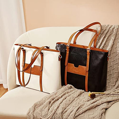 BOSTANTEN Genuine Leather Laptop Bag for Women 15.6'' Briefcase Tote Bags | Laptop Compartment, Structured, Professional, Detachable & Adjustable Shoulder Strap, Metal Feet, Work, Office, Business - color: D-black&brown