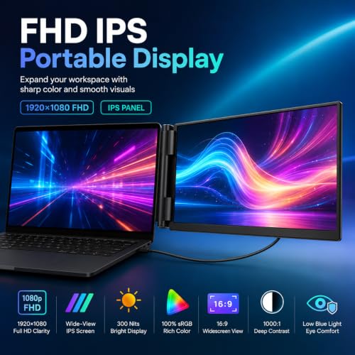 Laptop Screen Extender, 1.87lbs Ultra-Portable & Ultra Slim Portable Monitor, 14" FHD 1080P Dual External Monitor for 13"-17" Laptop, Plug & Play Travel Monitor Compatible with Wins/Mac/Chrome/Android