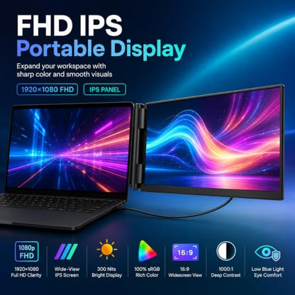 Laptop Screen Extender, 1.87lbs Ultra-Portable & Ultra Slim Portable Monitor, 14" FHD 1080P Dual External Monitor for 13"-17" Laptop, Plug & Play Travel Monitor Compatible with Wins/Mac/Chrome/Android