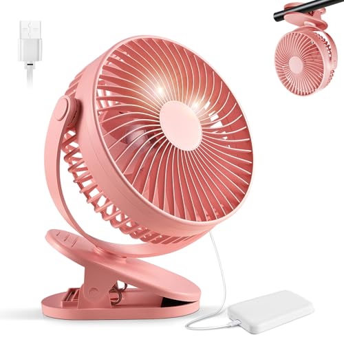 Clip on Fan Rechargeable, 8-Inch Battery Operated Desk Fan, USB Fan, 5Speeds, Strong Airflow, Sturdy Clamp for Golf Cart Office Desk Outdoor Travel Camping Tent Gym Treadmill,Pink - color: Pink