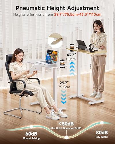 BIZUM Adjustable Bedside Table with Swivel Hidden Wheels Pneumatic Rolling Desk Mobile Standing Desk with Cup Holder for Hospital Home(27.6"x15.8" Maple) - color: Maple, size: 27.6"x15.8"