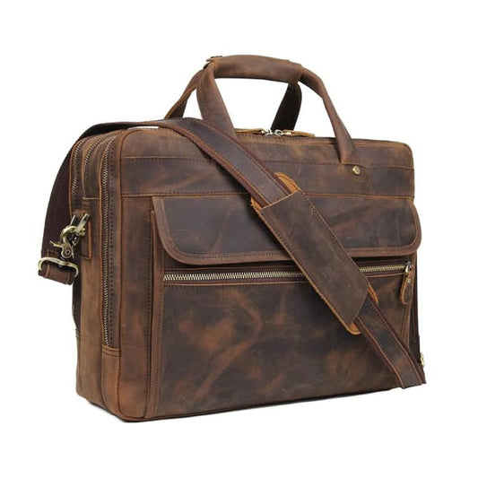 MaheTri Crazy Horse Leather Briefcase (Upto15.6) With Multiple Compartment | Genuine Handcrafted Laptop Bag | Vintage Buffalo Leather Office Bag | Adjustable Strap & Brass Buckle | Handmade Satchel