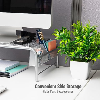 Mind Reader Monitor Stand, Ventilated Laptop Riser, Desktop Organizer, Side Storage, Metal Mesh, 20"L x 11.5"W x 5.5"H, Silver - color: Silver