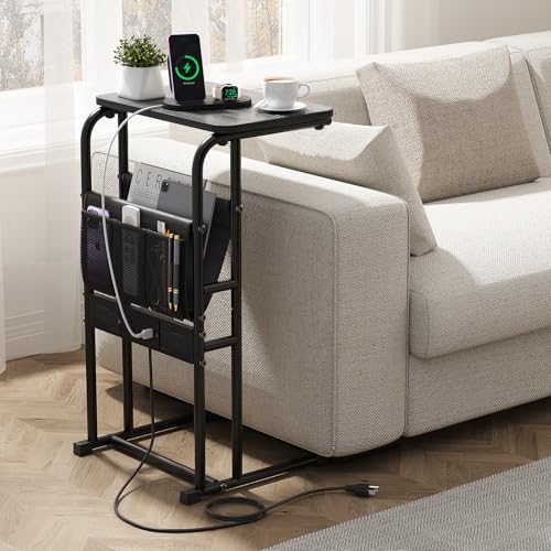 Olldide C-Shaped End Table with Charging Station and Storage Bag Black | Metal Frame Side Table for Living Room, Bedroom, Small Space | Under Couch Table - color: Black-1, size: 29in height