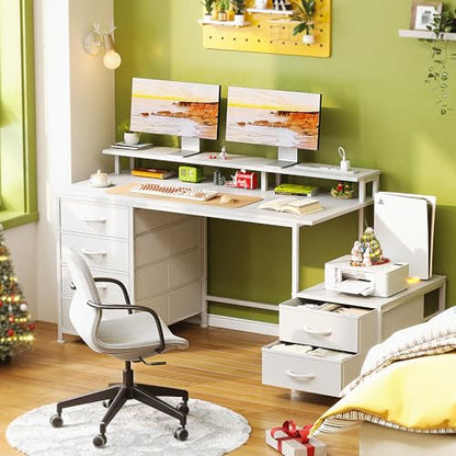 52 Inch Office Desk with 6 Drawers and Printer Space for Storage, Reversible Computer Desk with Monitor Stand & Power Outlets, Home Office Desks, White - color: White