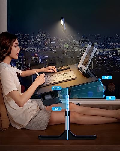 Laptop Table with LED Desk Light, SAIJI Laptop Stand for Bed, Height Adjustments Bed Desk with Book Stand for Reading Writing Drawing (Black) - color: Bed Desk /Led Light