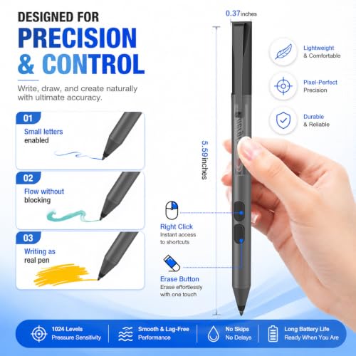 Active Pen for HP Omnibook Envy x360 Spectre Pavilion, Palm Rejection | 1024 Pressure Levels, 300-Day Battery, Dual Side Button, No Bluetooth, MPP 1.51 for Drawing & Note-taking - color: Black