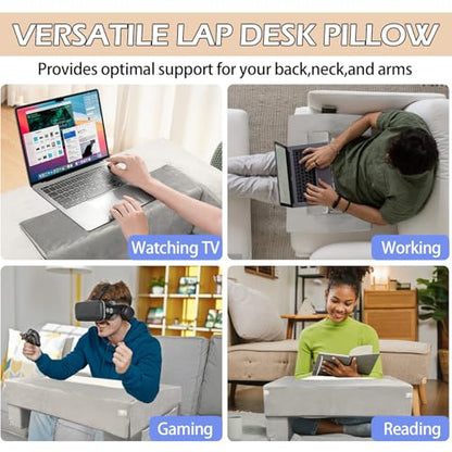 Lap Desk Pillow for Laptop, Large Reading Pillow for Adult, Ergonomic Arm Rest Pillow with Cup Holder, Memory Foam Bed Desk for Working (Reading Pillow + Cup Holder)