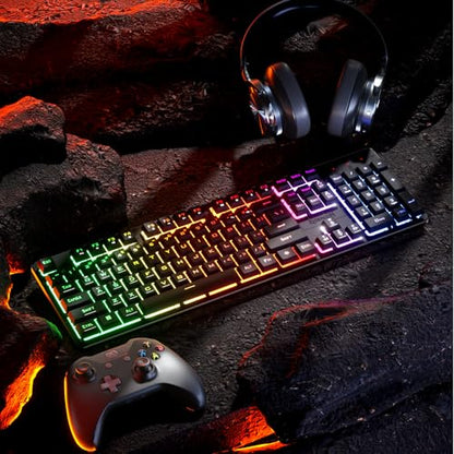 Redragon K521 Upgrade Rainbow LED Gaming Keyboard, 104 Keys Wired Mechanical Feeling Keyboard with Multimedia Keys, One-Touch Backlit, Anti-Ghosting, Compatible with PC, Mac, PS4/5, Xbox - color: Black