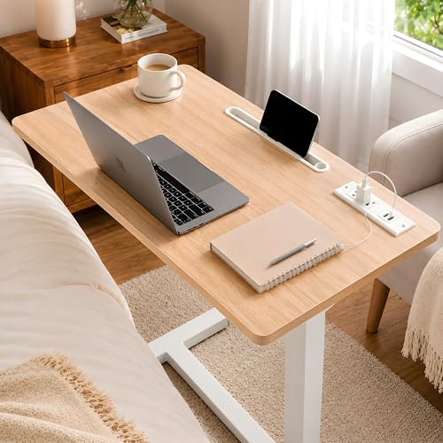 Naomi Home Adjustable Overbed Table with Charging Station, Rolling Hospital Bedside Table with Wheels, Height Adjustable Bed Desk for Laptop, Meals & Recovery Care Natural White - color: Natural, White