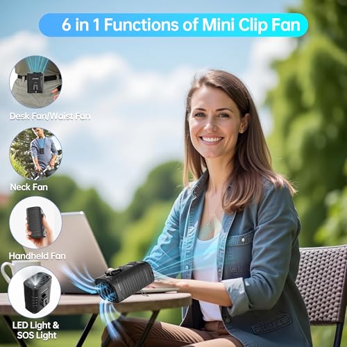 Waist Fan, 5000mAh Rechargeable Belt Clip Fan, 39ft/s Strong Airflow, 5 Speeds, Up to 29H Runtime, Wearable Hands-Free Cooling with LED SOS Light for Outdoor Camping Hiking - color: Black
