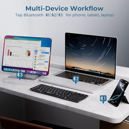 iClever Foldable Keyboard with Touchpad, BK08 Portable Tri-Folding Bluetooth Keyboard for iPad, iPhone, Windows, Mac & Android — Connect Up to 3 Devices | Multi-Touch Trackpad, Pocket-Sized, Aluminum Build, 3-Device Bluetooth Switching, USB-C Charging, fo