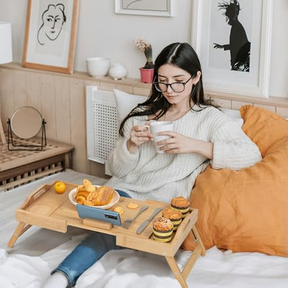 Lavievert Expandable & Height Adjustable Bed Tray Table with 360° Rotating Phone Holder, Bamboo Breakfast Food Serving Tray, Portable Laptop Desk Snack Platter with Handles & Foldable Legs for Bedroom
