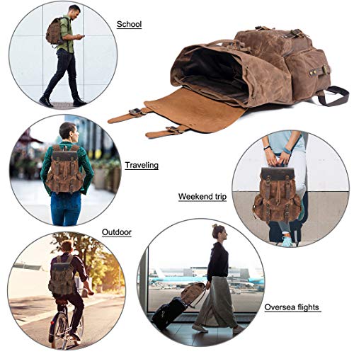 WUDON Leather Backpack for Men, Waxed Canvas Shoulder Rucksack Carry-On Travel Backpack - color: Coffee-oversize