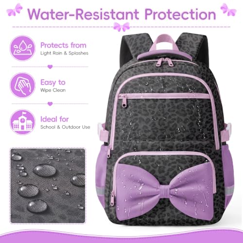 WOBAGMEN Printed Backpack for Adult Women with Bow | Water-Resistant Printed school bag, Spacious Storage for Elementary and Middle School Students（Black Leopard） - color: Black Leopard