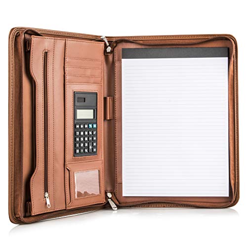 Cossini Premium Business Portfolio with Zipper – Padfolio - Superior Business Impressions Begin with PU Vegan Leather, 10.1 Inch Tablet Sleeve, Smart Storage, Solar Calculator, Writing Pad - Tan - color: Tan