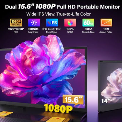 15.6" Laptop Screen Extender, FHD IPS Vertical Portable Dual Monitor, 0.16" Ultra-Slim One-Cable Plug & Play Travel Monitor Above Laptop Screen for 13-17" Laptops Compatible with Win/Mac/Android - size: Dual 15.6" Monitor